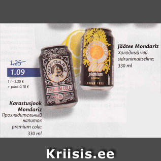 Allahindlus - Karastusjook Mandariz, premium cola, 330 ml; Jäätee Mondariz, sidrunimaitseline; 330 ml