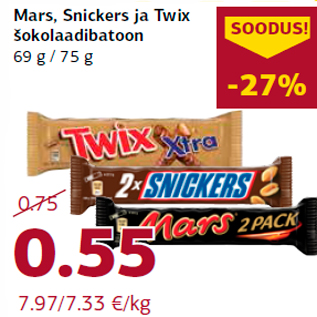 Allahindlus - Mars, Snickers ja Twix šokolaadibatoon