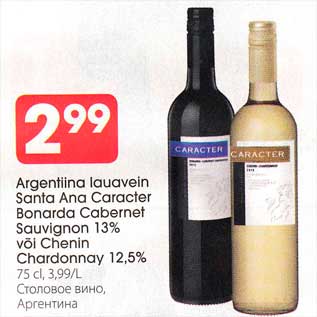 Allahindlus - Argentiina lauavein Santa Ana Caracter Bonarda Cabernet Sauvignon 13% või Chenin Chardonnay 12,5%