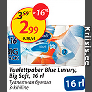 Allahindlus - Tualettpaber Blue Luxury, Big Soft, 16 rl