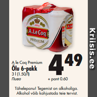 Allahindlus - A le Coq Premium Õlu 6-pakk 3 l (1.50/l)