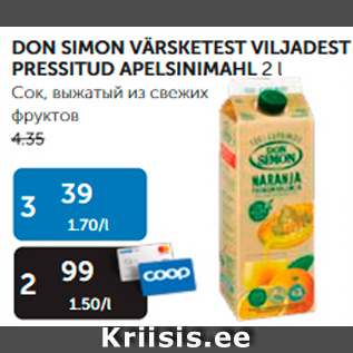 Allahindlus - DON SIMON VÄRSKETEST VILJADEST PRESSITUD APELSINIMAHL 2 L