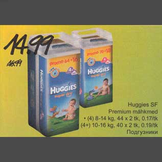 Allahindlus - Huggies SF Premium mähkmed *(4)8-14kg, 44x2tk, 0,17/tk *(4+)10-16kg, 40x2tk,0,19/tk