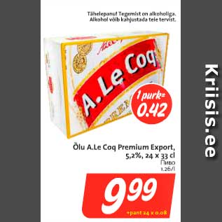 Allahindlus - Õlu A.Le Coq Premium Export 5,2%, 24 x 32 cl