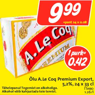 Allahindlus - Õlu A.Le Coq Premium Export