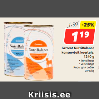 Allahindlus - Grrreat NutriBalance konservtoit koertele, 1240 g