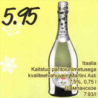 Allahindlus - Itaalia Kaitstud päritolunimetusega kvaliteetvahuvein Martini Asti