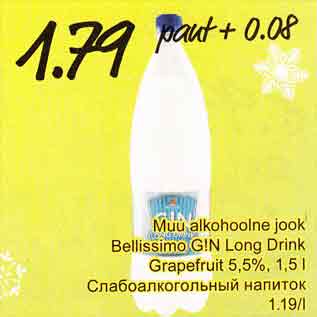 Allahindlus - Muu alkohoolne jook Bellissimo G!N Long Drink Grapefruit