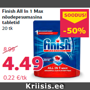 Allahindlus - Finish All In 1 Max nõudepesumasina tabletid 20 tk