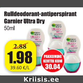 Allahindlus - Rulldeodorant-antiperspirant Garnier Ultra Dry