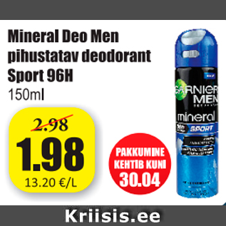 Allahindlus - Mineral Deo Men pihustatav deodorant Sport 96H