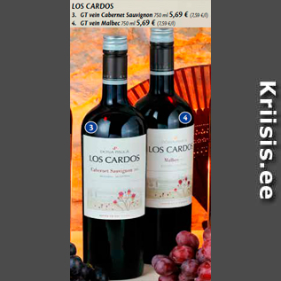 Allahindlus - LOS CARDOS 3. GT vein Cabernet Sauvignon 750 ml; 4. GT vein Malbec 750 ml