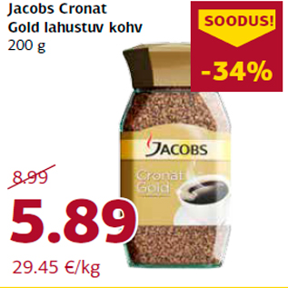 Allahindlus - Jacobs Cronat Gold lahustuv kohv 200 g