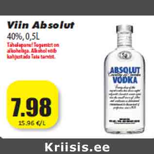 Allahindlus - Viin Absolut 40%,0,5L