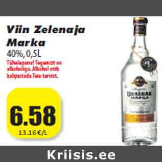 Allahindlus - Viin Zelenaja Marka 40%,0,5L