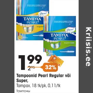 Allahindlus - Tampoonid Pearl Regular või Super,