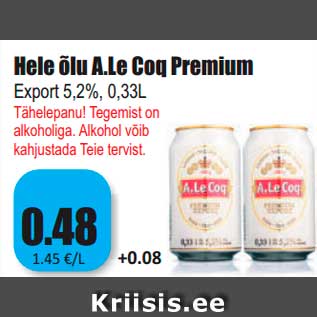 Allahindlus - Hele õlu A.Le Coq Premium