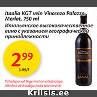 Allahindlus - Itaalia KGT vein Vincenzo Palazzo, Merlot, 750 ml