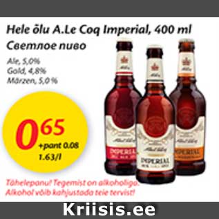 Allahindlus - Hele õlu A.Le Coq Imperial, 400 ml