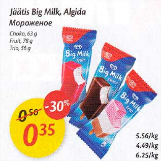 Allahindlus - Jäätis Big Milk, Algidа Choko, 63 g, Fruit,78g, Trio,56g