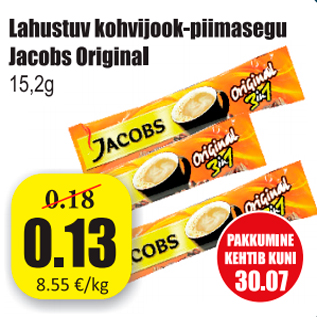 Allahindlus - Lahustuv kohvijook-piimasegu Jacobs Original 15,2 g