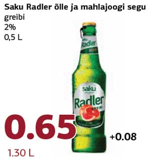 Allahindlus - Saku Radler õlle ja mahlajoogi segu greibi 2% 0,5 L