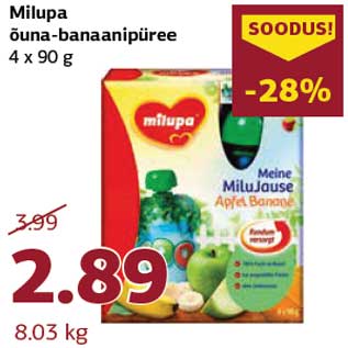 Allahindlus - Milupa õuna-banaanipüree 4 x 90 g