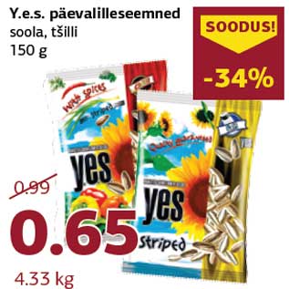 Allahindlus - Y.e.s. päevalilleseemned soola, tšilli 150 g