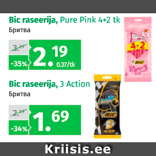 Allahindlus - Bic raseerija, Pure Pink 4+2 tk; Bic raseerija, 3 Action