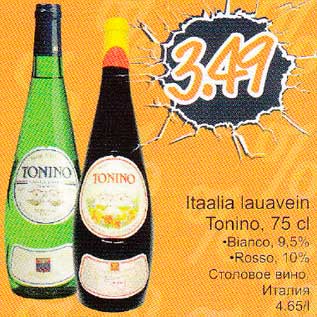 Allahindlus - Itaalia lauavein Тоninо, 75 cl .Вiаnсо,9,5% .Rosso, 10%