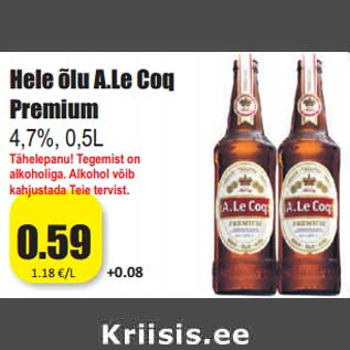 Allahindlus - Hele õlu A.Le Coq Premium