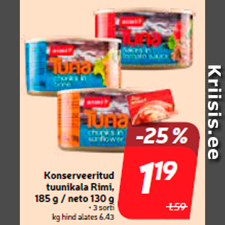 Allahindlus - Konserveeritud tuunikala Rimi, 185 g / neto 130 g