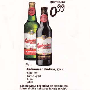 Allahindlus - Õlu Budweiser Budvar, 50 cl .hele,5% .tume,4,7%