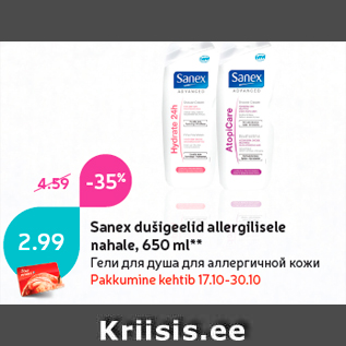 Allahindlus - Sanex dušigeelid allergilisele nahale, 650 ml**