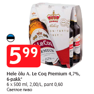 Allahindlus - Hele õlu A. Le Coq Premium 4,7%, 6-pakk*