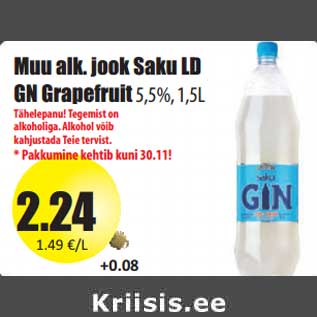 Allahindlus - Muu alk. jook Saku LD GN Grapefruit5,5%, 1,5L