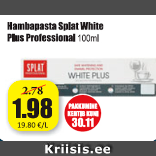 Allahindlus - Hambapasta Splat White Olus Professional 100 ml