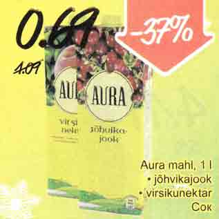 Allahindlus - Аurа mahl, 1 l . jõhvikajook . virsikunektar