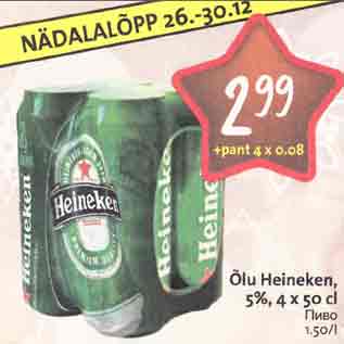 Allahindlus - Õlu Heineken, 5%, 4 x 50 cl