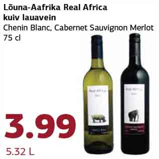 Allahindlus - Lõuna-Aafrika Real Africa kuiv lauavein Chenin Blanc, Cabernet Sauvignon Merlot 75 cl