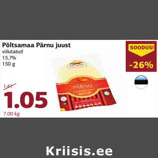 Allahindlus - Põltsamaa Pärnu juust, viilutatud, 15,7%,150 g