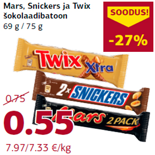 Allahindlus - Mars, Snickers ja Twix šokolaadibatoon