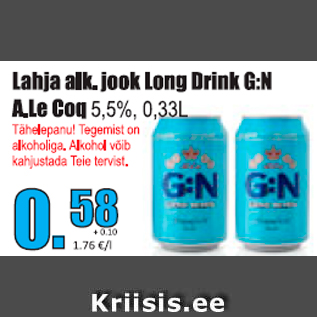 Allahindlus - Lahja alk. jook Long Drink G:N A.Le Coq