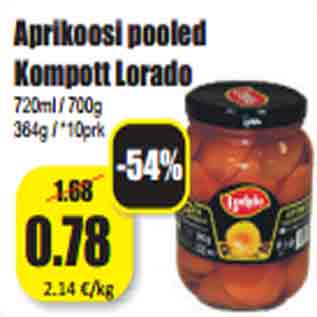 Allahindlus - Aprikoosi pooled Kompott Lorado 720ml / 700g HEA 364g / *10prk