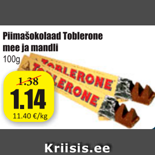 Allahindlus - Piimašokolaad Toblerone mee ja mandli 100 g