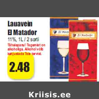 Allahindlus - Lauavein El Matador 11%, 1L / 2 sorti