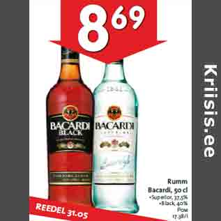 Allahindlus - Rumm Bacardi, 50 cl •Superior, 37,5% •Black, 40%