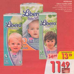 Allahindlus - Mähkmed libero Jumbo pakk *midi 5-8 kg,68tk/0,17/tk *maxi+10-16 kg,56tk/0,21/tk *xl 12-22 kg,52 tk/0,22/tk