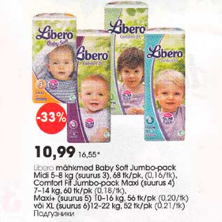 Allahindlus - Libero mähkmеd Вabу Soft Jumbo-pack Midi 5-8 kg (suurus 3).68 tk/pk, (0.l6/tk), Comfort Fit Jumbо-pосk Maxi (suurus 4)7-I4 kg,60tk/pk(0,18/tk),Maxi+ (suurus 5) l0-16 kg,56tk/pk (0,2l/tk)või XL (suurus 6)12-22 kg, 52 tk/pk (0.21/tk.)