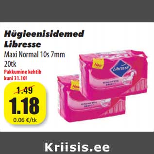 Allahindlus - Hügieenisidemed Libresse Maxi Normal 10s 7mm 20tk